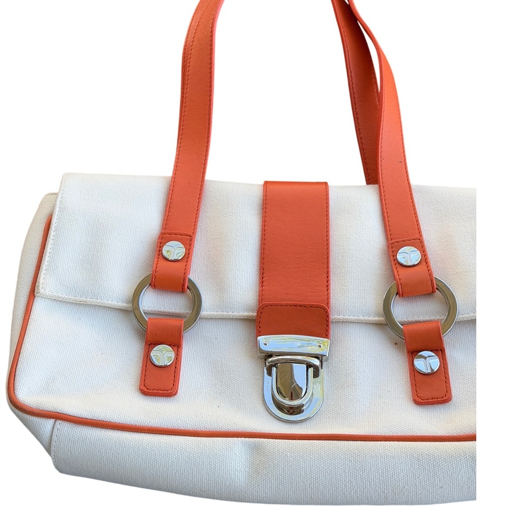 Trina Turk Canvas Tangerine Faux Leather Shoulder Bag Silver accents RARE